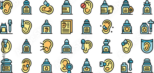 Ear drops icons set outline vector. Doctor bottle. Medicine drops thin line color flat on white