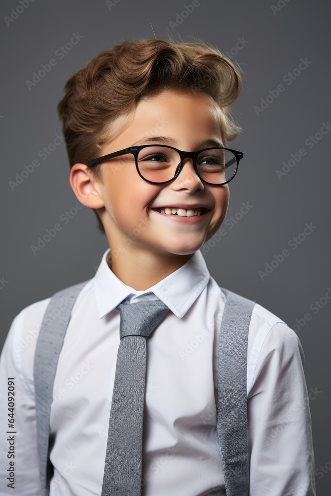 Cheerful smiling elegant funny schoolboy on light studio background. Generative AI