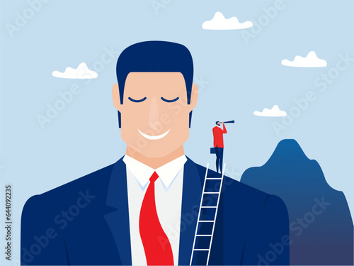 gigantic concept Business persons stand use binoculars on the shoulders of giants Business goals success; Concept of vision Vector illustration