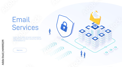 Email service security concept. Creative vector isometric illustration. Electronic mail message as part of business marketing. Webmail or mobile service layout for website landing page.