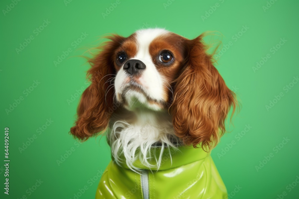 Naklejka premium Medium shot portrait photography of a funny cavalier king charles spaniel dog wearing a paw protector against a pastel green background. With generative AI technology