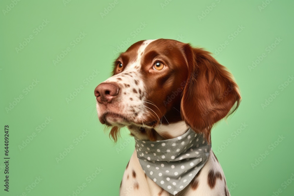 Photography in the style of pensive portraiture of a happy brittany dog wearing a polka dot bandana against a pastel green background. With generative AI technology