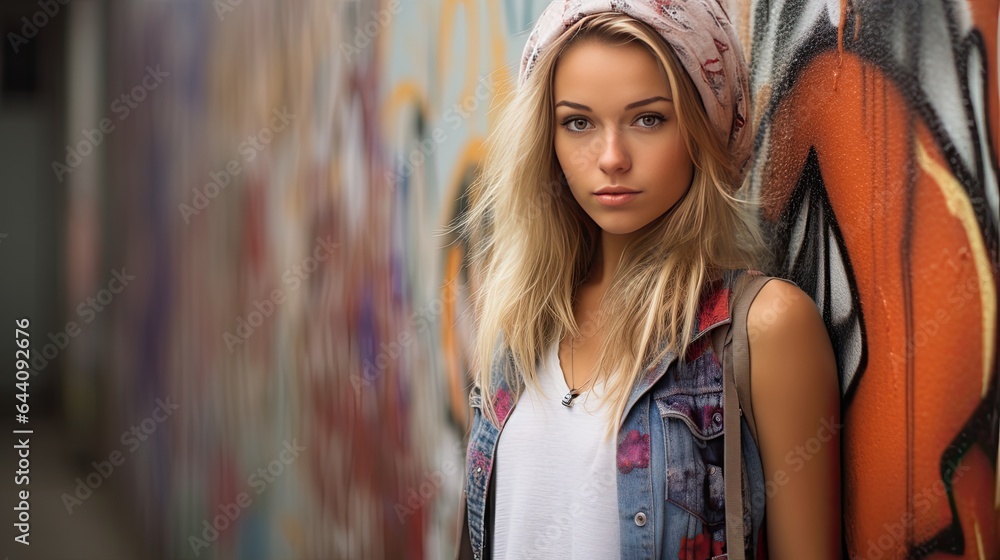 Young woman by a graffiti wall, her edgy summer look contrasting the street art. Young woman by a graffiti wall, her edgy summer look contrasting the street art.