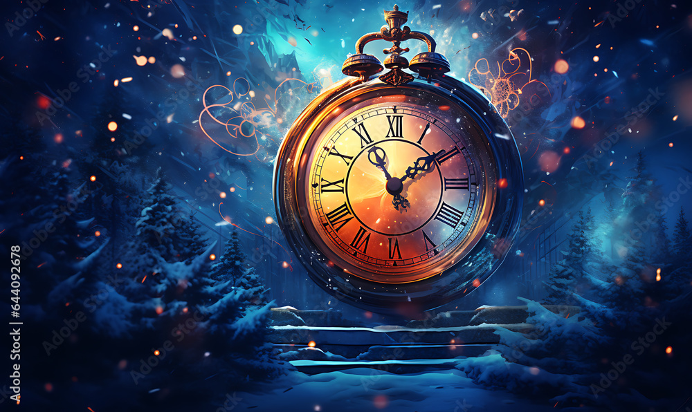 Happy new year with big clock background, cold night vibes, blue and gold luxury, Ai image generative - obrazy, fototapety, plakaty 