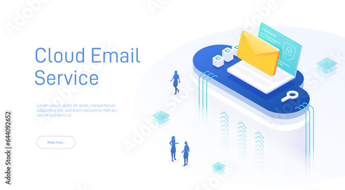 Cloud email service concept. Online Message Service. Cloud Server Hosting for Email. Creative isometric 3d vector illustration.