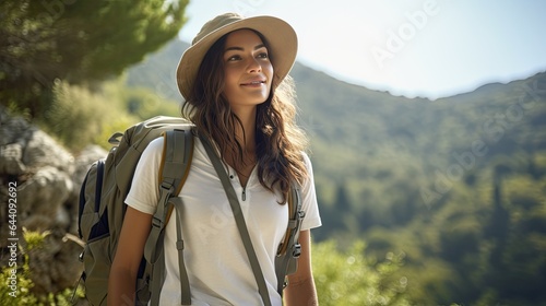 Young woman on a mountain trail, her casual summer outfit suitable for the adventure. © Filip