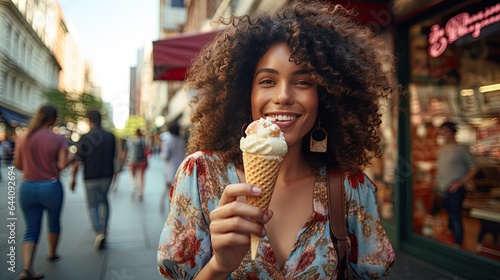 Young woman enjoying an ice cream cone in a bustling city square  dressed in a stylish summer romper