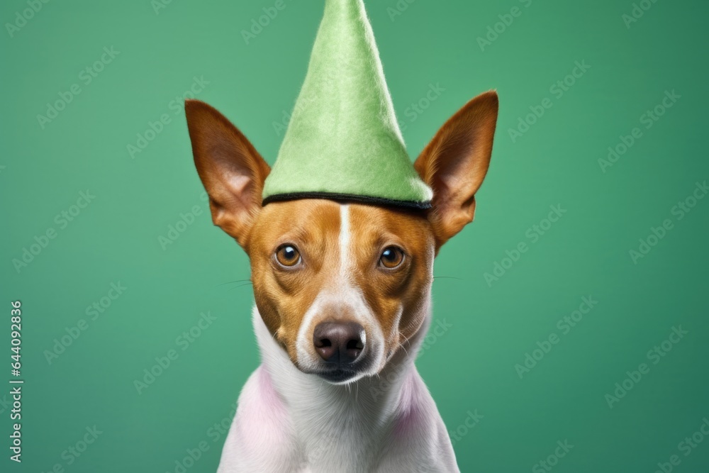 Close-up portrait photography of a funny basenji dog wearing a wizard hat against a pastel green background. With generative AI technology