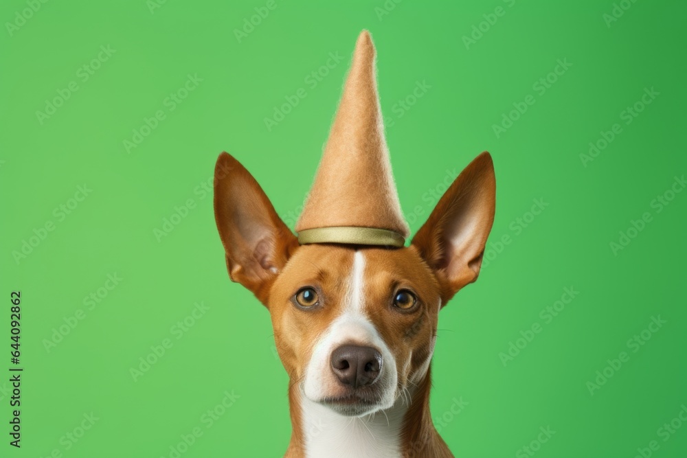 Close-up portrait photography of a funny basenji dog wearing a wizard hat against a pastel green background. With generative AI technology