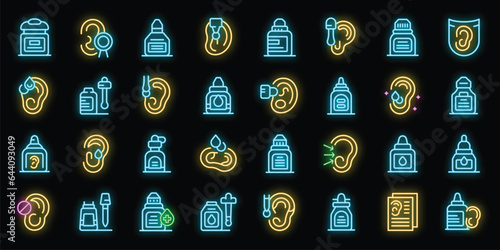 Ear drops icons set outline vector. Doctor bottle. Medicine drops neon color on black