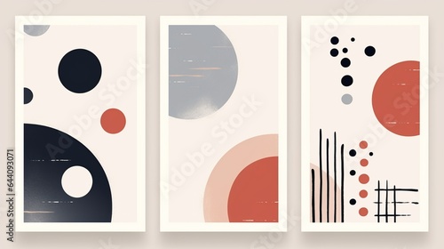 A set of three abstract minimalist backgrounds. Hand drawn illustrations with geometric art patterns for wall decoration, postcards or brochures, cover design, printing, hanging pictures, social media