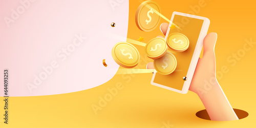 Online payments concept with cartoon 3D hand, phone and coin, Business and money. Online earnings.