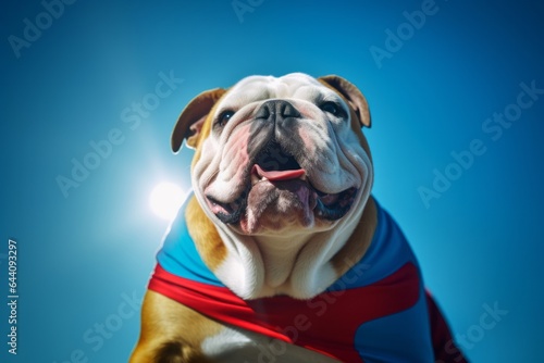 Medium shot portrait photography of a happy bulldog wearing a superhero costume against a sky-blue background. With generative AI technology