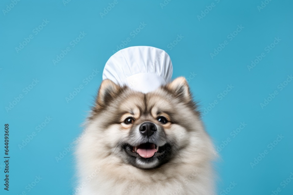 Medium shot portrait photography of a funny keeshond wearing a chef hat against a sky-blue background. With generative AI technology Medium shot portrait photography of a funny keeshond wearing a chef hat against a sky-blue background. With generative AI technology
