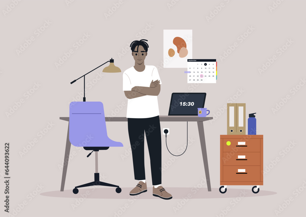 In a professional office setting, a young and self-assured individual stands tall, their hands confidently folded across their chest, exuding a poised and determined demeanor In a professional office setting, a young and self-assured individual stands tall, their hands confidently folded across their chest, exuding a poised and determined demeanor