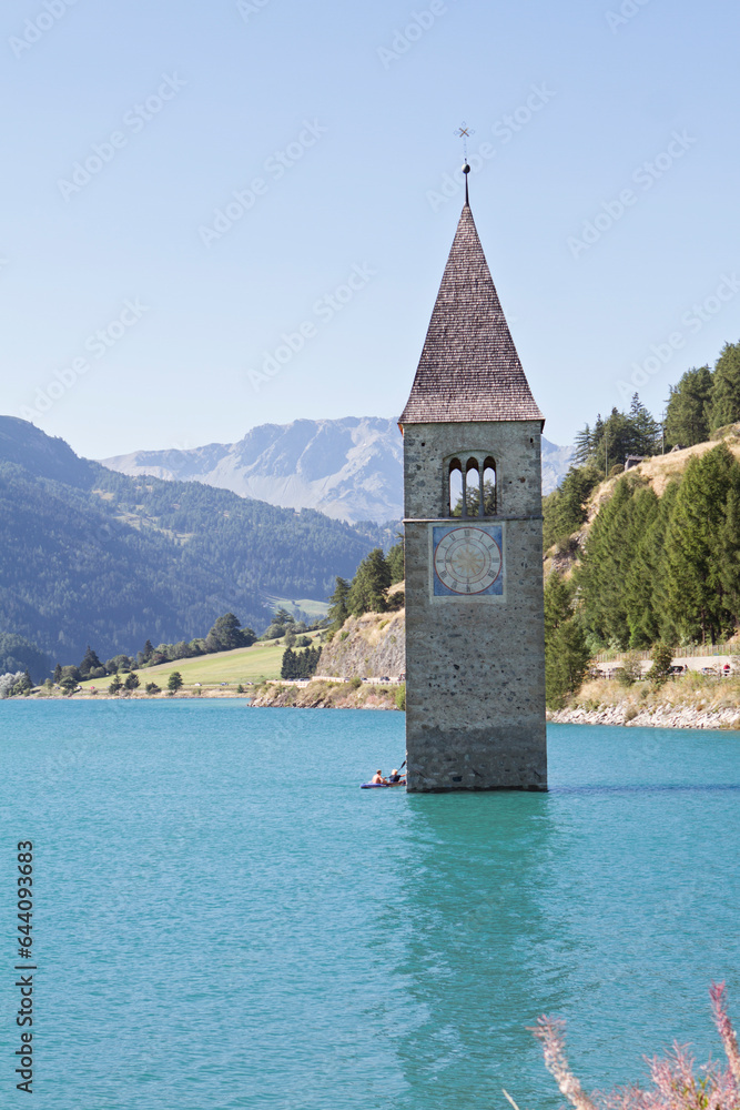 The tower of a flooded church. Reschensee