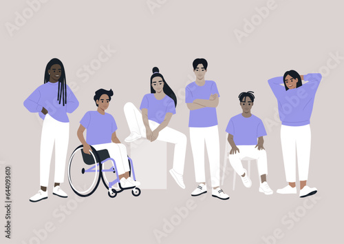 A group of young diverse characters gathered together, purple casual attire and candid poses