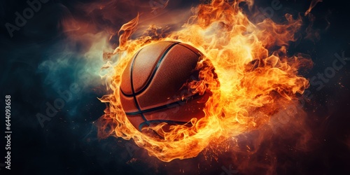 Hot basketball in fires flame. Generative AI