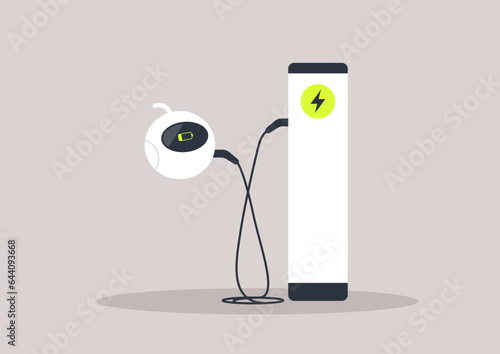 A robot efficiently connects itself to an electric car charging station, seamlessly replenishing its battery with the available electricity