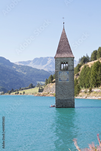 The tower of a flooded church. Reschensee