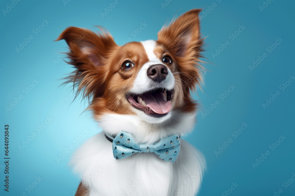 Lifestyle portrait photography of a happy papillon dog wearing a light-up collar against a sky-blue background. With generative AI technology