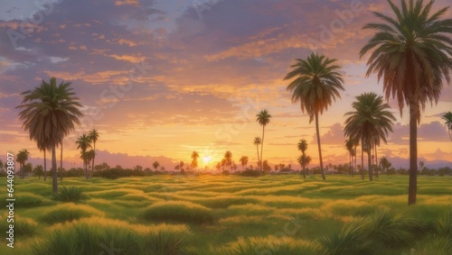 Landscape of grass and plam tress on sunset