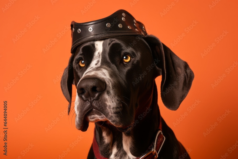 Close-up portrait photography of a happy great dane wearing a pirate hat against a pastel orange background. With generative AI technology Close-up portrait photography of a happy great dane wearing a pirate hat against a pastel orange background. With generative AI technology