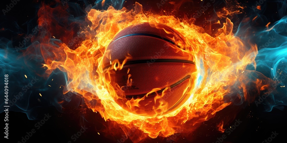 Hot basketball in fires flame. Generative AI