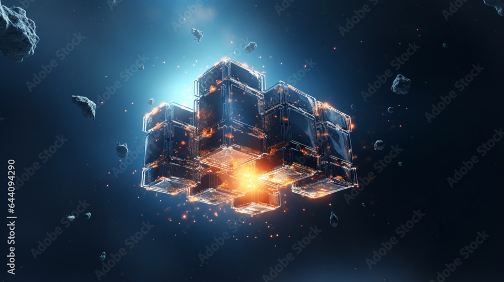 Abstract 3d rendering of a flying cube. Sci fi shape in empty space. Futuristic background. 3d illustration Abstract 3d rendering of a flying cube. Sci fi shape in empty space. Futuristic background. 3d illustration