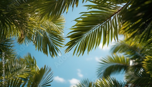 frame of palm leaves in the sky  copy space. travel and vacation concept. 