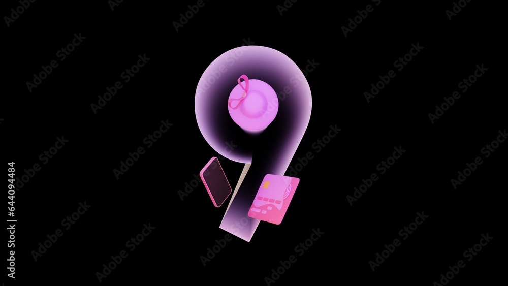 Cute 3d illustration of number nine with pink 3d hat, mobile phone and credit card. Neon font concept. Unique collection of numbers. Modern neon alphabet. 3d illustration highly usable. Copy space. Cute 3d illustration of number nine with pink 3d hat, mobile phone and credit card. Neon font concept. Unique collection of numbers. Modern neon alphabet. 3d illustration highly usable. Copy space.