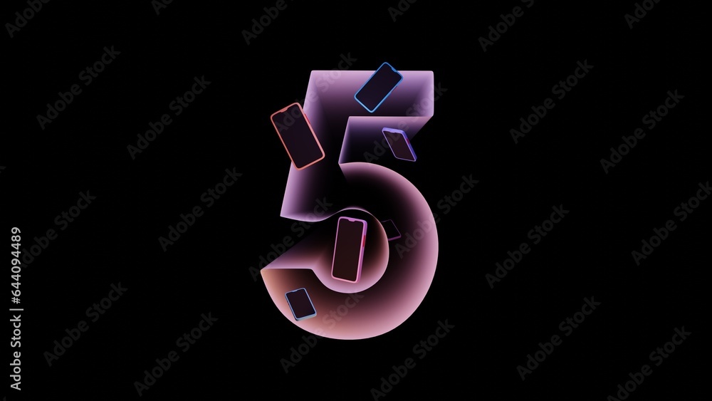 Cute 3d illustration of number five with colorful 3d mobile phones. Neon font concept. Unique collection of numbers. Modern neon alphabet. 3d illustration highly usable. Copy space. Cute 3d illustration of number five with colorful 3d mobile phones. Neon font concept. Unique collection of numbers. Modern neon alphabet. 3d illustration highly usable. Copy space.
