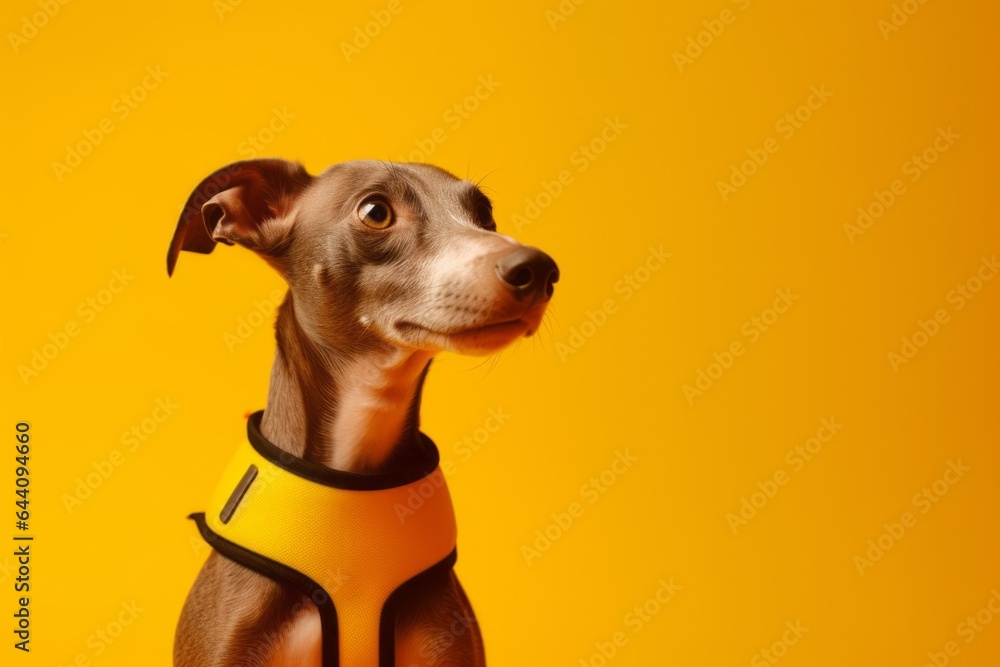 Close-up portrait photography of a cute italian greyhound dog wearing a swimming vest against a yellow background. With generative AI technology Close-up portrait photography of a cute italian greyhound dog wearing a swimming vest against a yellow background. With generative AI technology
