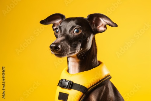 Close-up portrait photography of a cute italian greyhound dog wearing a swimming vest against a yellow background. With generative AI technology