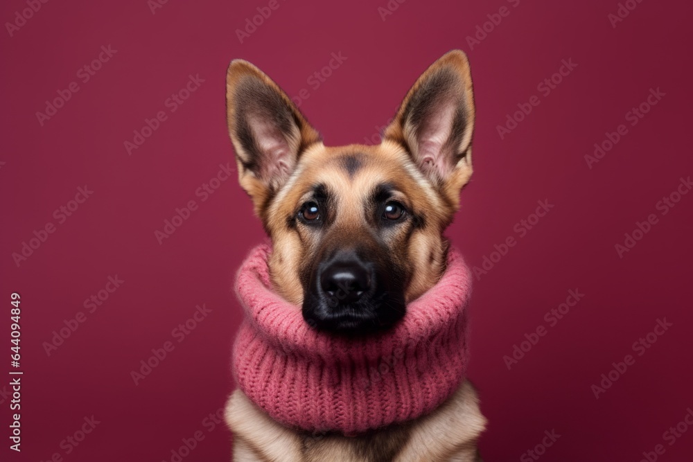 Medium shot portrait photography of a cute german shepherd wearing a snood against a burgundy red background. With generative AI technology Medium shot portrait photography of a cute german shepherd wearing a snood against a burgundy red background. With generative AI technology