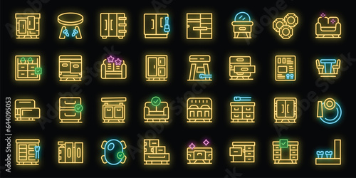 Furniture assembly icons set outline vector. Bed production. Manual screw neon color on black