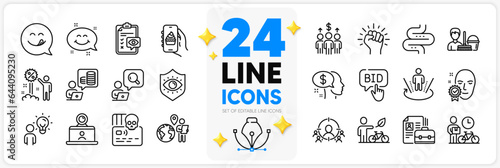 Icons set of Pay, Augmented reality and Smile chat line icons pack for app with Eye checklist, Cyber attack, Eco bike thin outline icon. Inspect, Yummy smile, Eye protection pictogram. Vector