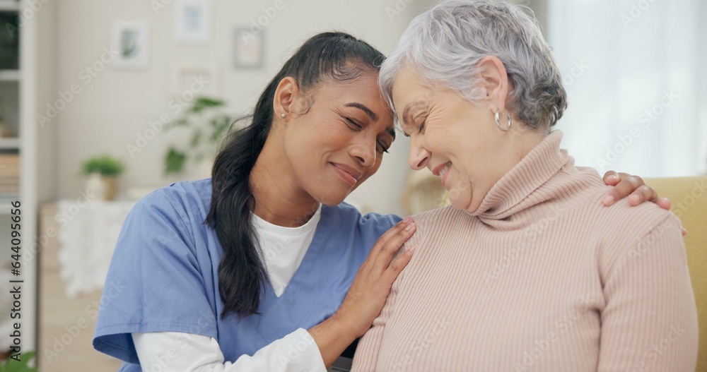 Obraz premium Medical, support and happy with nurse with old woman on sofa for empathy, volunteer and trust. Healthcare, retirement and rehabilitation with senior patient and caregiver in nursing home for healing