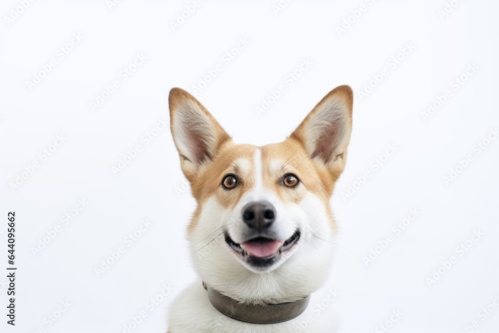 Medium shot portrait photography of a cute norwegian lundehund wearing a shark fin against a pearl white background. With generative AI technology