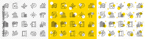Outline Paint roller, Rise price and Floor plan line icons pack for web with Charging time, Night city, Co2 line icon. Cardboard box, Power certificate, Skyscraper buildings pictogram icon. Vector