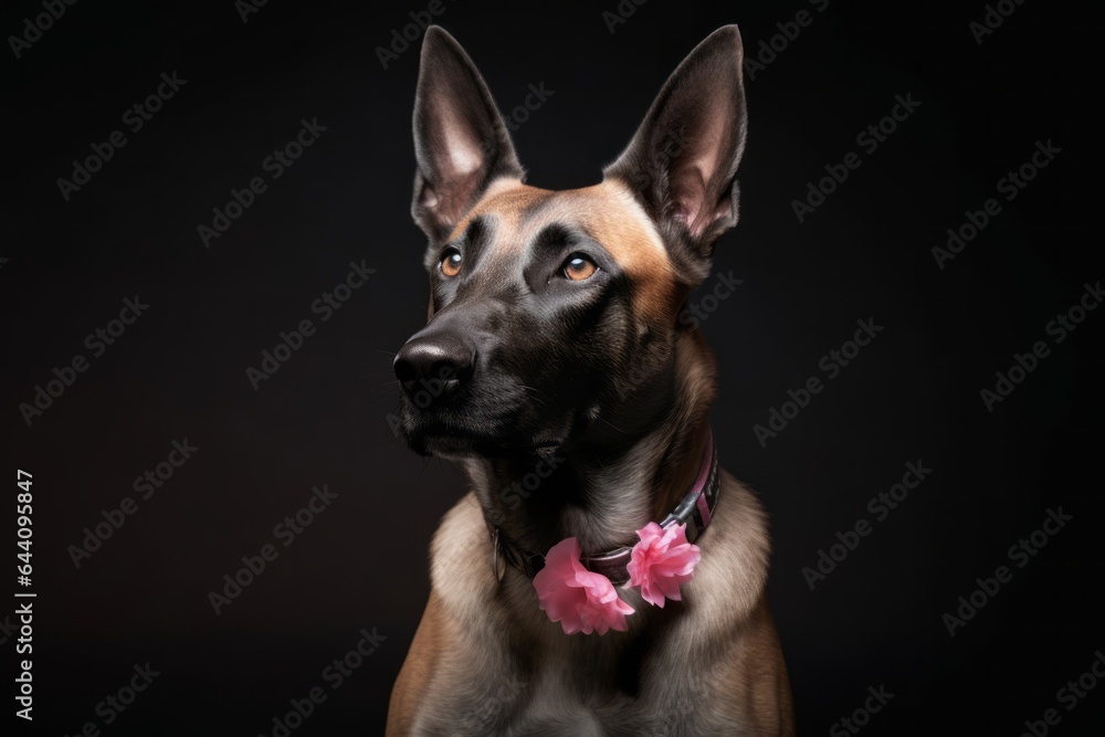 Medium shot portrait photography of a cute belgian malinois dog wearing a floral collar against a metallic silver background. With generative AI technology