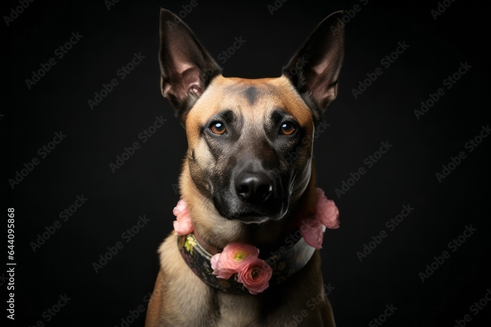 Medium shot portrait photography of a cute belgian malinois dog wearing a floral collar against a metallic silver background. With generative AI technology Medium shot portrait photography of a cute belgian malinois dog wearing a floral collar against a metallic silver background. With generative AI technology