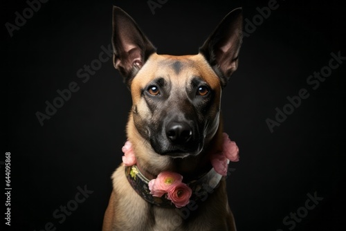 Medium shot portrait photography of a cute belgian malinois dog wearing a floral collar against a metallic silver background. With generative AI technology