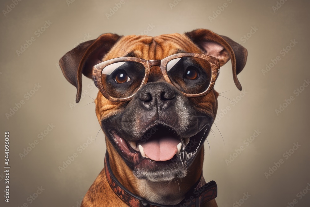 Headshot portrait photography of a happy boxer dog wearing a hipster glasses against a beige background. With generative AI technology