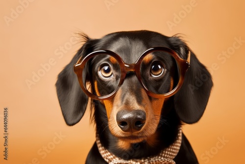Photography in the style of pensive portraiture of a funny dachshund wearing a hipster glasses against a beige background. With generative AI technology