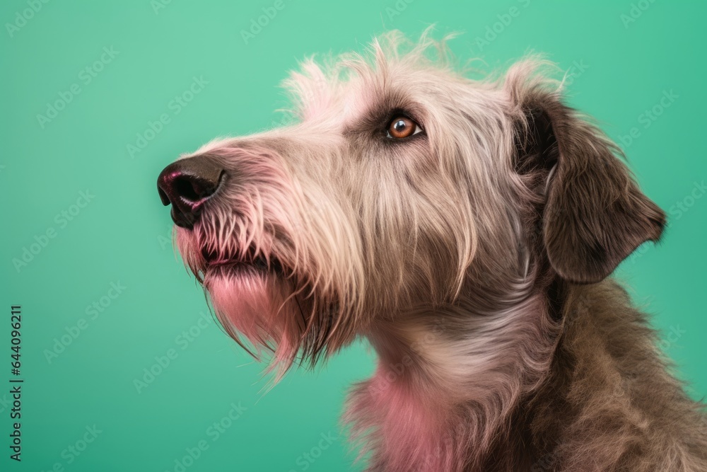 Photography in the style of pensive portraiture of a happy irish wolfhound dog wearing a training vest against a beige background. With generative AI technology Photography in the style of pensive portraiture of a happy irish wolfhound dog wearing a training vest against a beige background. With generative AI technology