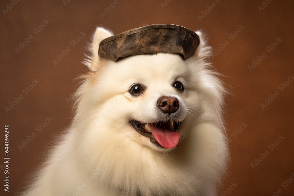 Studio portrait photography of a happy american eskimo dog wearing a pirate hat against a beige background. With generative AI technology Studio portrait photography of a happy american eskimo dog wearing a pirate hat against a beige background. With generative AI technology
