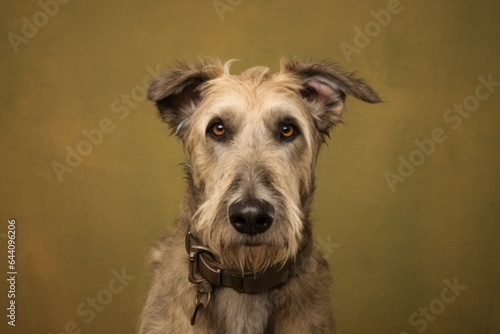 Photography in the style of pensive portraiture of a happy irish wolfhound dog wearing a training vest against a beige background. With generative AI technology