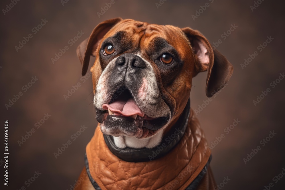 Close-up portrait photography of a happy boxer dog wearing a cooling vest against a warm taupe background. With generative AI technology