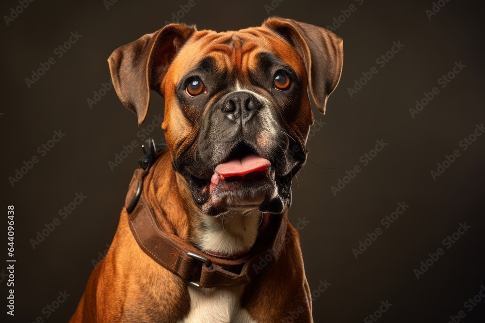 Close-up portrait photography of a happy boxer dog wearing a cooling vest against a warm taupe background. With generative AI technology